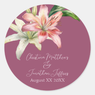 Romantic Pink & White Lilies on Fuchsia Classic Round Sticker