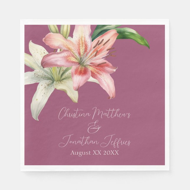 Romantic Pink & White Lilies on Fuchsia Napkin (Front)
