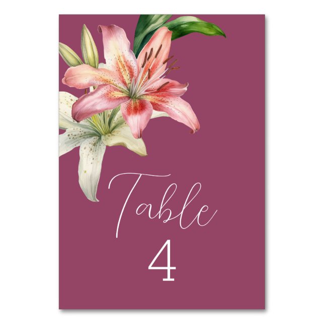 Romantic Pink & White Lilies on Fuchsia Table Number (Front)
