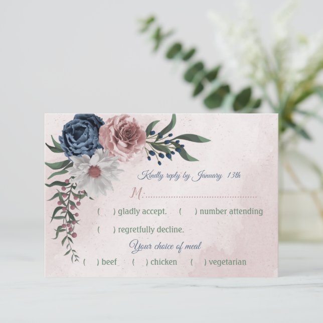 romantic pink, white navy blue flowers meal choice RSVP card (Standing Front)