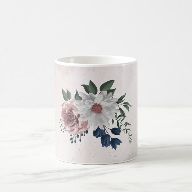 Romantic pink white navy flowers greenery coffee mug (Center)