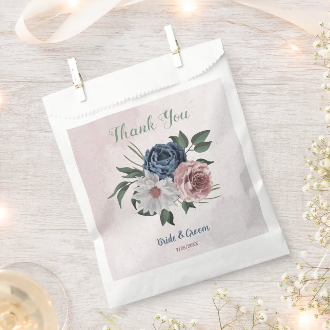 Romantic pink white navy flowers greenery wedding favour bag (Clipped)