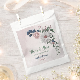Romantic pink white navy flowers greenery wedding favour bag