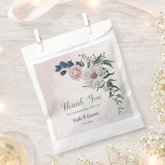 Romantic pink white navy flowers greenery wedding favour bag (Clipped)