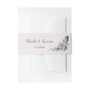 Romantic pink white navy flowers greenery wedding invitation belly band