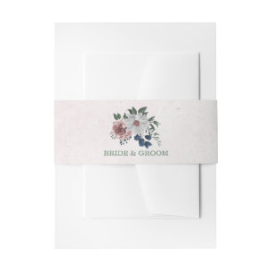 Romantic pink white navy flowers greenery wedding invitation belly band