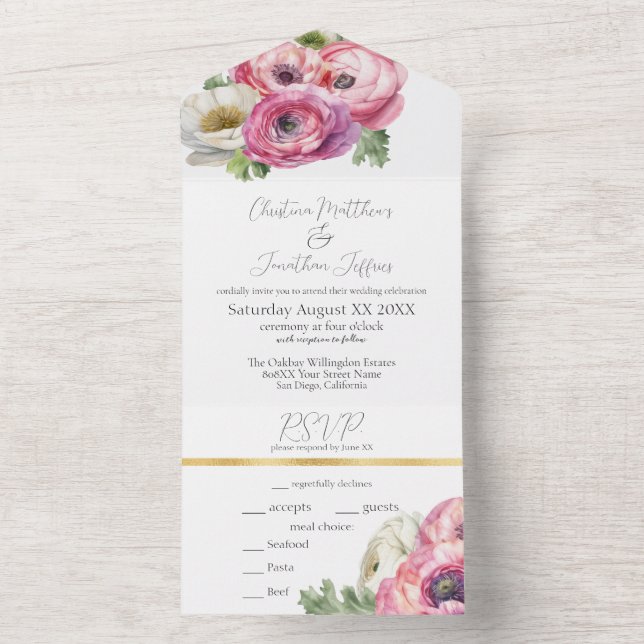 Romantic Pink & White Ranunculus All In One Invitation (Inside)