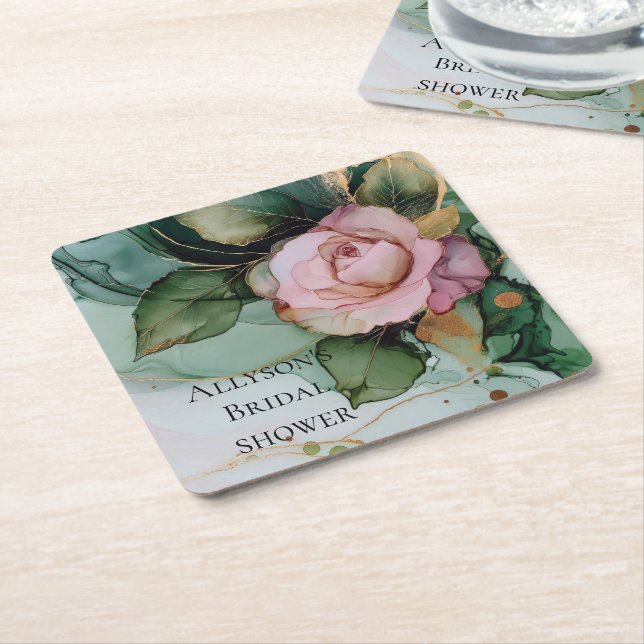 Romantic Pink White Rose Gold Floral Wedding Square Paper Coaster (Angled)