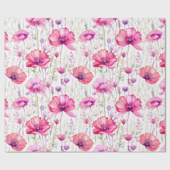 Romantic Pink Wildflower Watercolor Wrapping Paper (Flat)