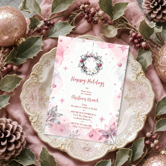 Romantic Pink Wreath Coquette Christmas Brunch TMF Invitation