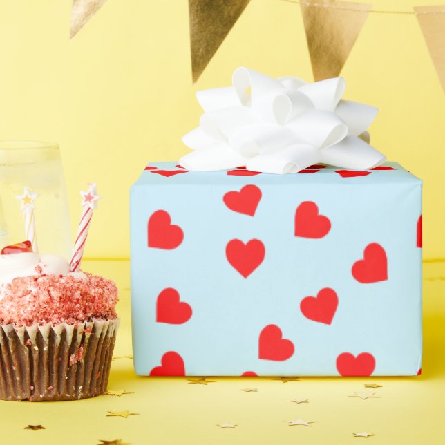 Romantic Playful Red Heart Pattern Pastel Blue Wrapping Paper (Birthday Party)