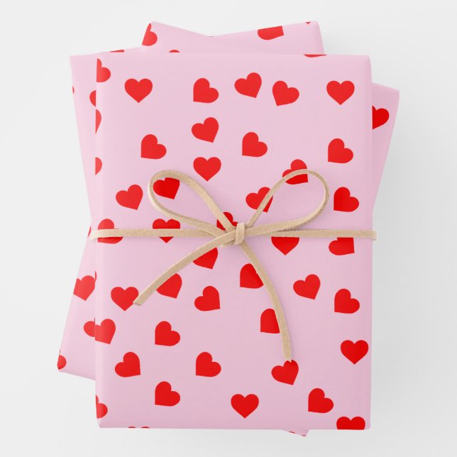 Romantic Playful Red Heart Pattern Pastel Pink Wrapping Paper Sheet (In situ)