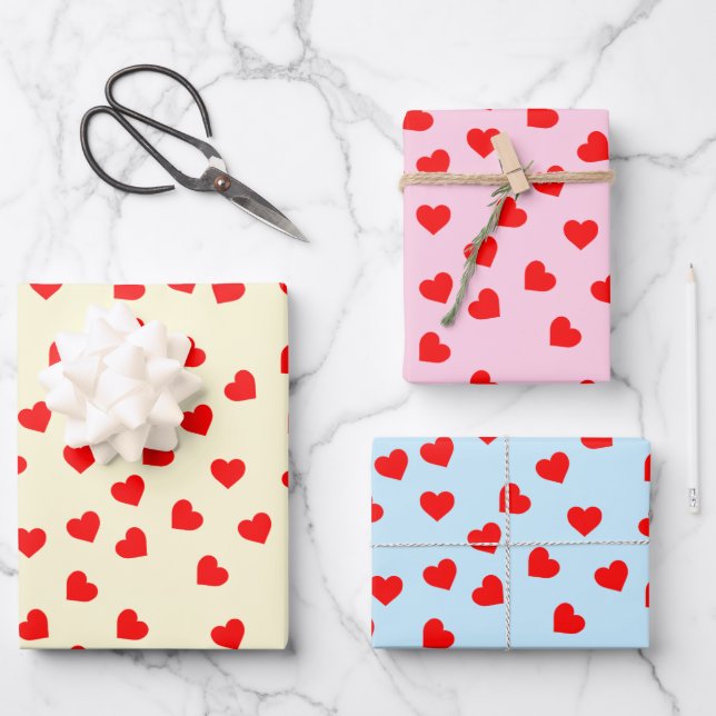 Romantic Playful Red Heart Pattern Pastel  Wrapping Paper Sheet (Front)