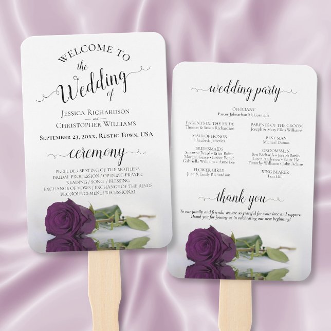 Romantic Plum Purple Rose Elegant Wedding Program Hand Fan (Front/Back)