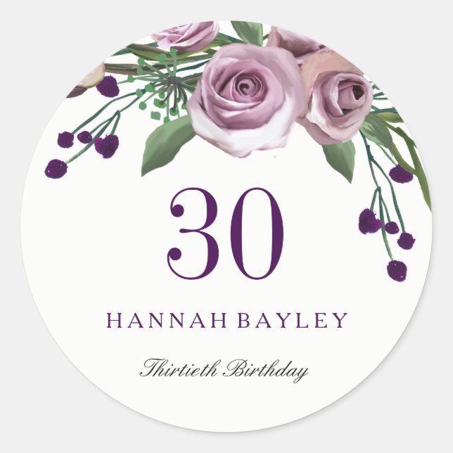 Romantic Plum Purple Rose Floral 30th Birthday Classic Round Sticker (Front)