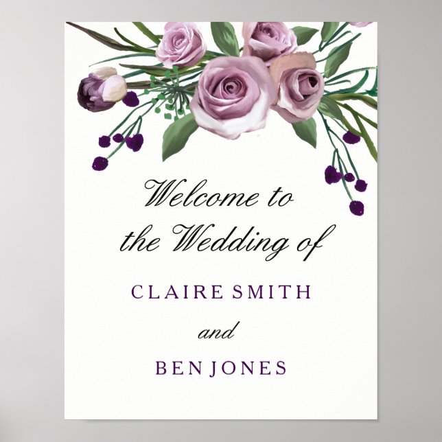 Romantic Plum Purple Rose Floral Wedding Poster (Front)