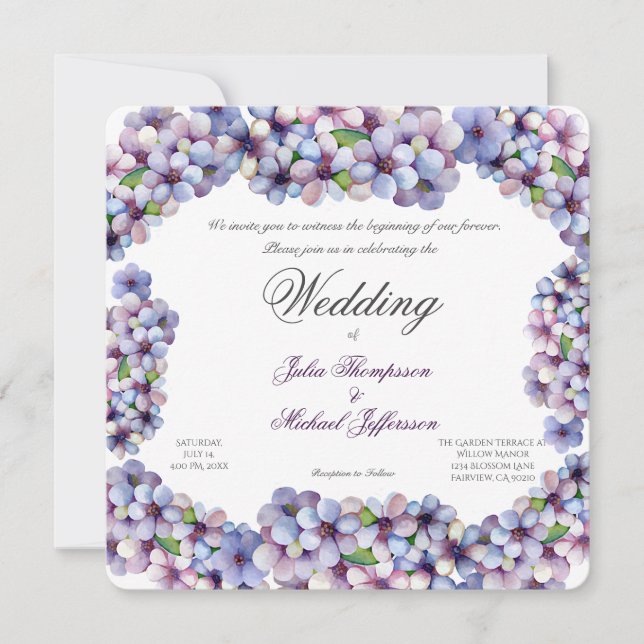 Romantic Poetic Lilac Watercolor Floral Wedding Invitation (Front)