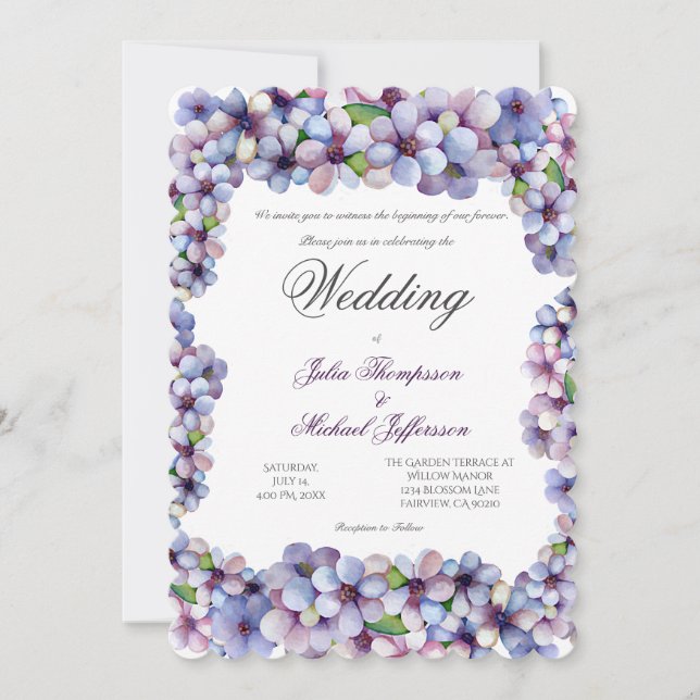 Romantic Poetic Lilac Watercolor Floral Wedding Invitation (Front)