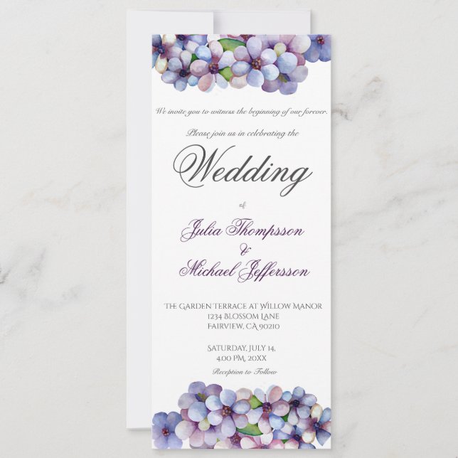 Romantic Poetic Lilac Watercolor Floral Wedding Invitation (Front)
