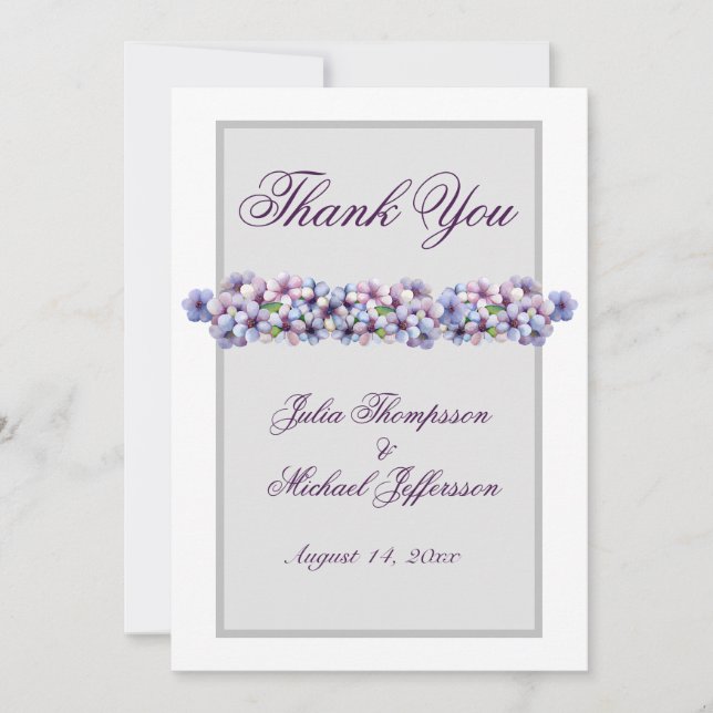 Romantic Poetic Lilac Watercolor Floral Wedding Thank You Card (Front)