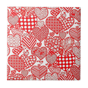 Romantic Polka Heart Doodle Red White Ceramic Tile