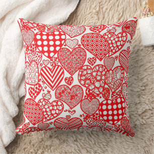 Romantic Polka Heart Doodle Red White Cushion