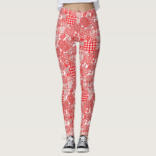 Romantic Polka Heart Doodle Red White Leggings