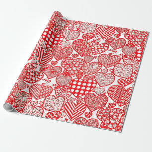 Romantic Polka Heart Doodle Red White Wrapping Paper