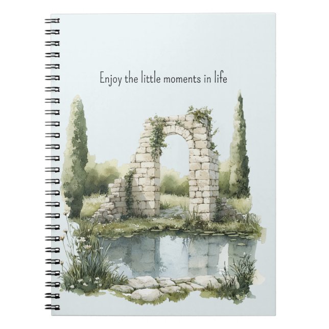 Romantic Pond Floral White Stones Enjoy Moments Notebook (Front)