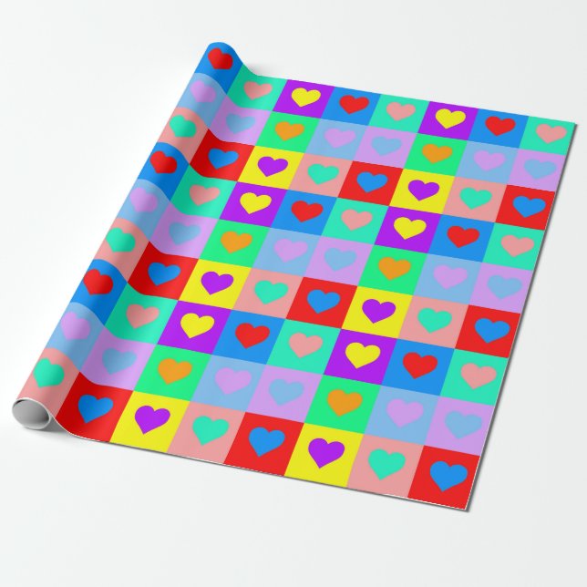 Romantic Pop Art Colourful Heart Pattern Wrapping Paper (Unrolled)
