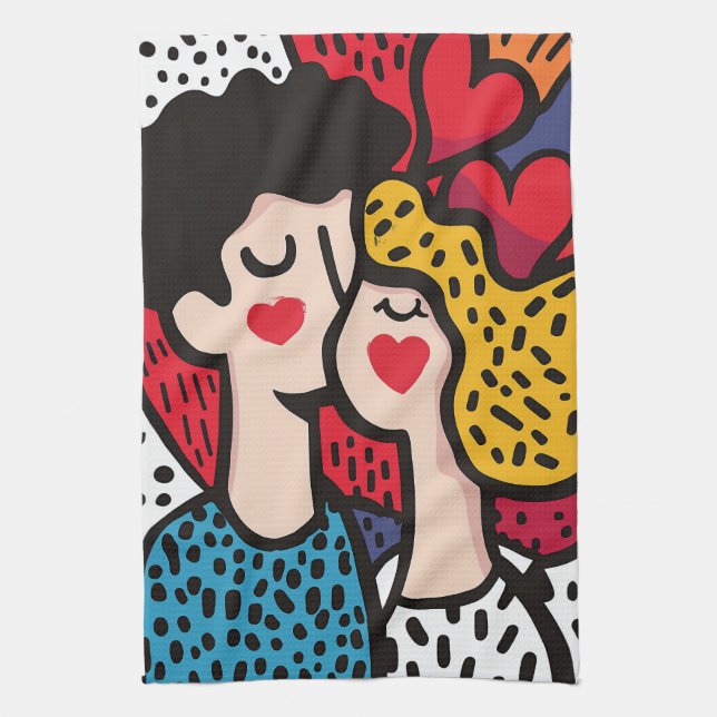Romantic Pop Art Illustration of a Loving Couple Tea Towel (Vertical)