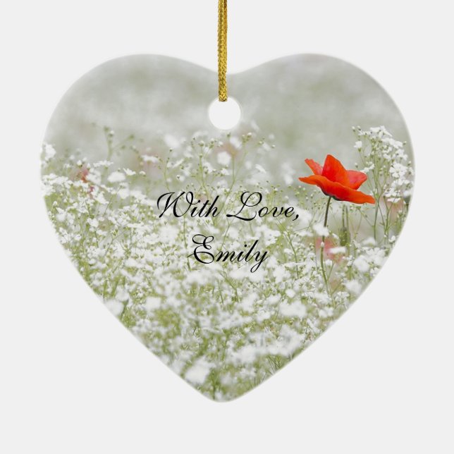 Romantic Poppy Flower Red White Meadow Nature Ceramic Ornament (Back)