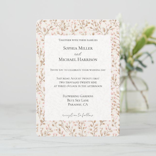 Romantic Pretty Blush Pink Cream Floral Wedding Invitation (Standing Front)