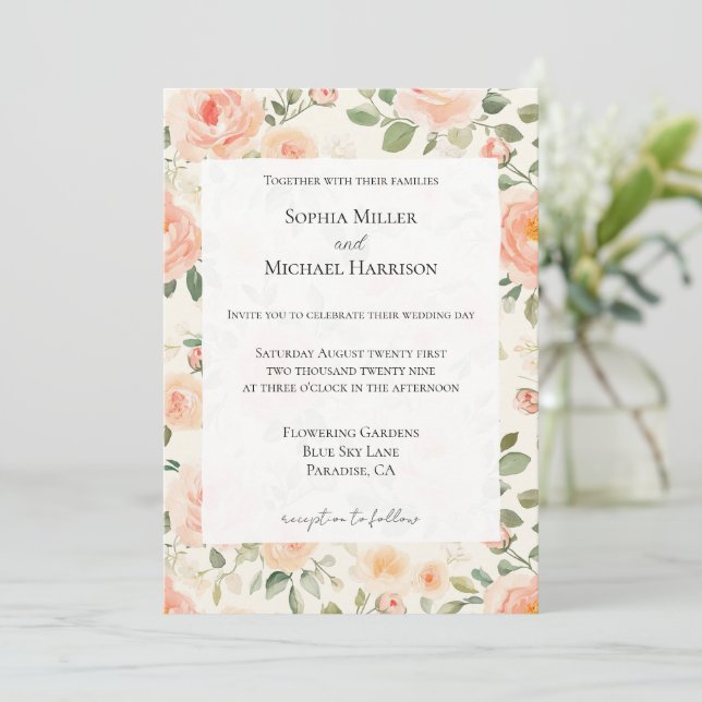 Romantic Pretty Cream Peach Floral Wedding Invitation (Standing Front)