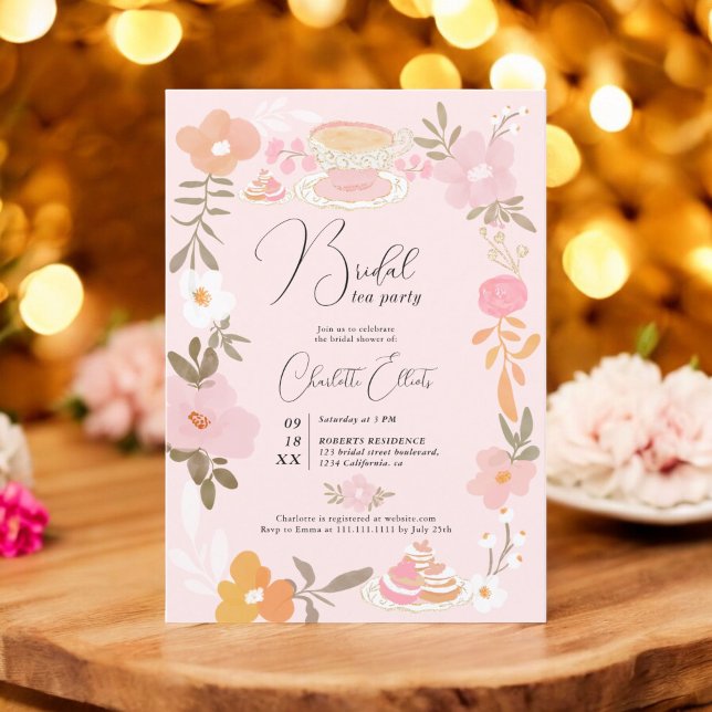 Romantic Pretty floral tea party bridal shower Invitation (Romantic Pretty floral tea party bridal shower Invitation on pink)