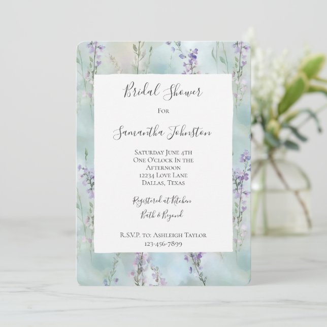 Romantic Pretty Lavender Flowers Bridal Shower Invitation (Standing Front)