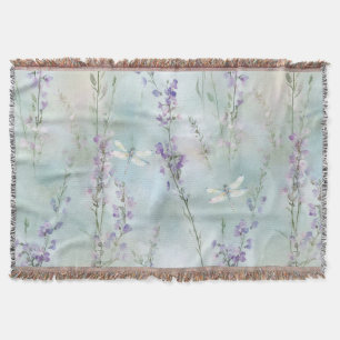 Romantic Pretty Lavender Flowers Dragonflies Throw Blanket