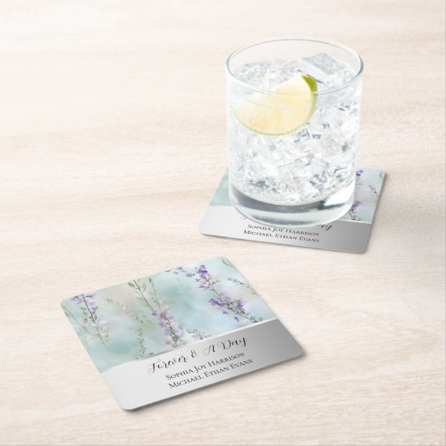 Romantic Pretty Lavender Flowers Silver Wedding  Square Paper Coaster (Insitu)