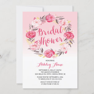 Romantic Pretty Pink Floral Wreath Bridal Shower Invitation