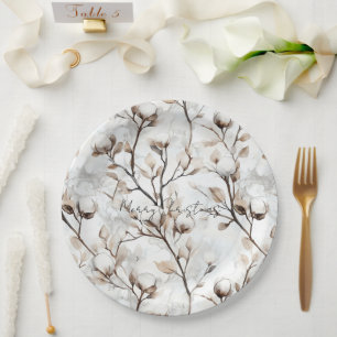 Romantic Pretty White Flowering Tree Wedding Paper Plate