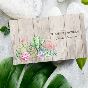 Romantic Professional Cactus,Flowers,Wood Texture Business Card