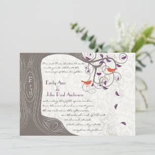 Romantic Purple and Coral Rustic Tree Lovebird Invitation