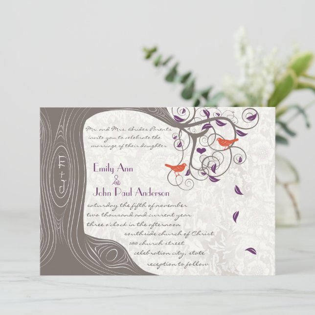 Romantic Purple and Coral Rustic Tree Lovebird Invitation (Standing Front)