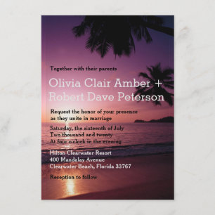 Romantic Purple Beach Sunset Palms Wedding Invitation