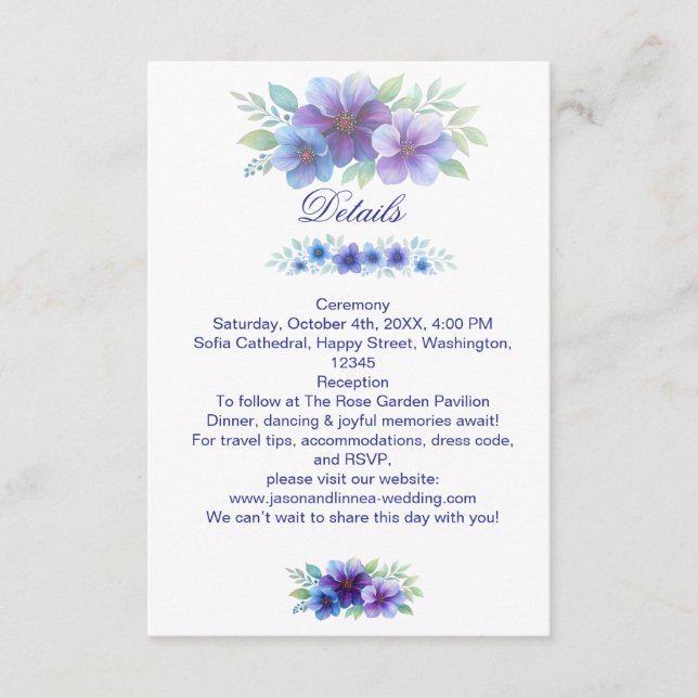 Romantic Purple Blue Botanical Watercolor Wedding  Enclosure Card (Front)