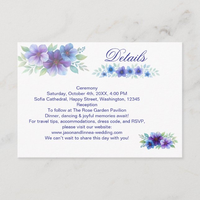 Romantic Purple Blue Botanical Watercolor Wedding  Enclosure Card (Front)