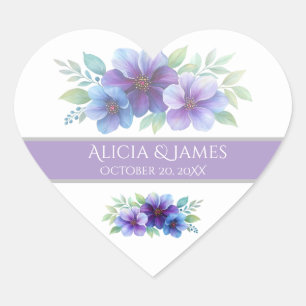 Romantic Purple Blue Botanical Watercolor Wedding  Heart Sticker