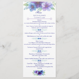 Romantic Purple Blue Botanical Watercolor Wedding Menu