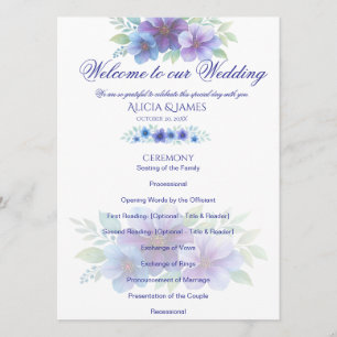 Romantic Purple Blue Botanical Watercolor Wedding Program