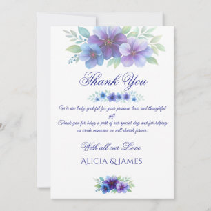 Romantic Purple Blue Botanical Watercolor Wedding  Thank You Card